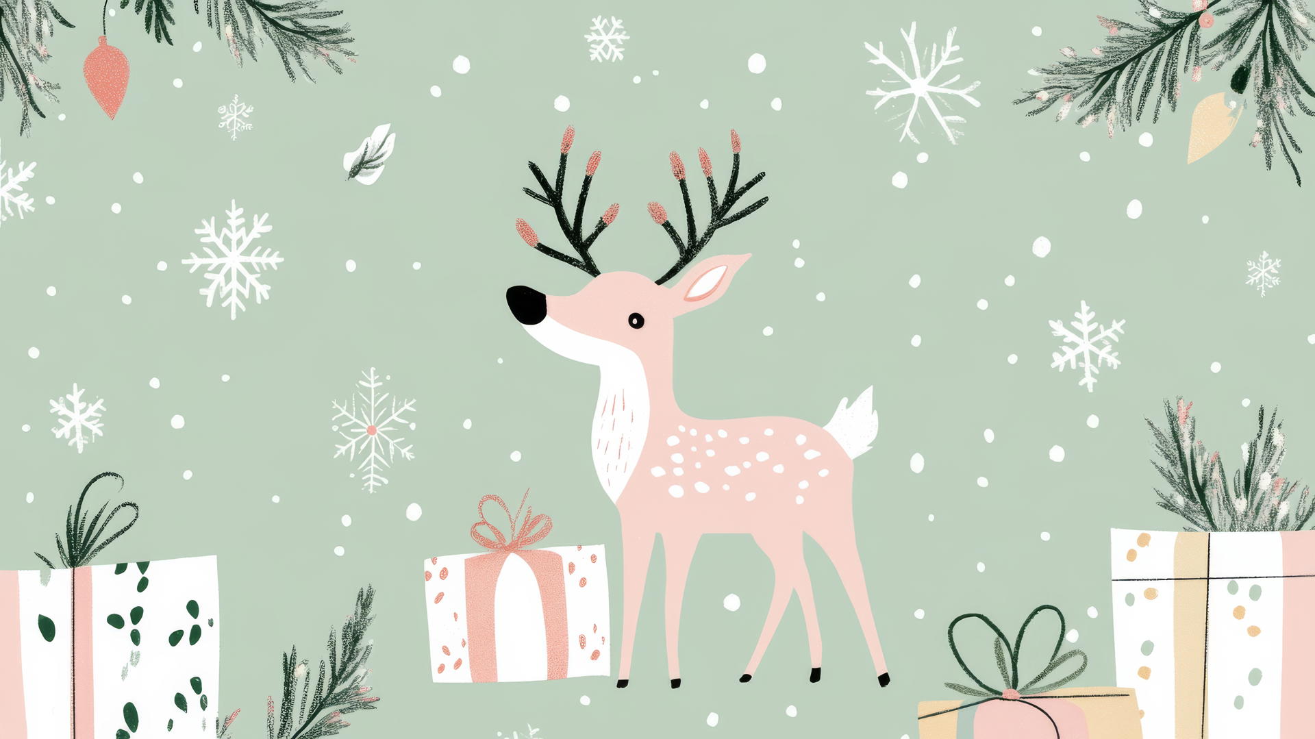 cute Christmas wallpaper preppy with reindeer, snowflakes, and wrapped gifts