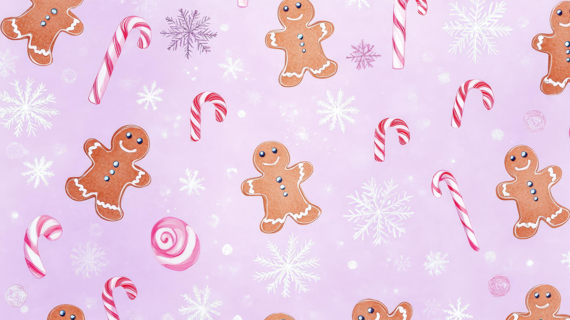 preppy Christmas wallpaper with whimsical gingerbread men, candy canes, and snowflakes on pastel lavender
