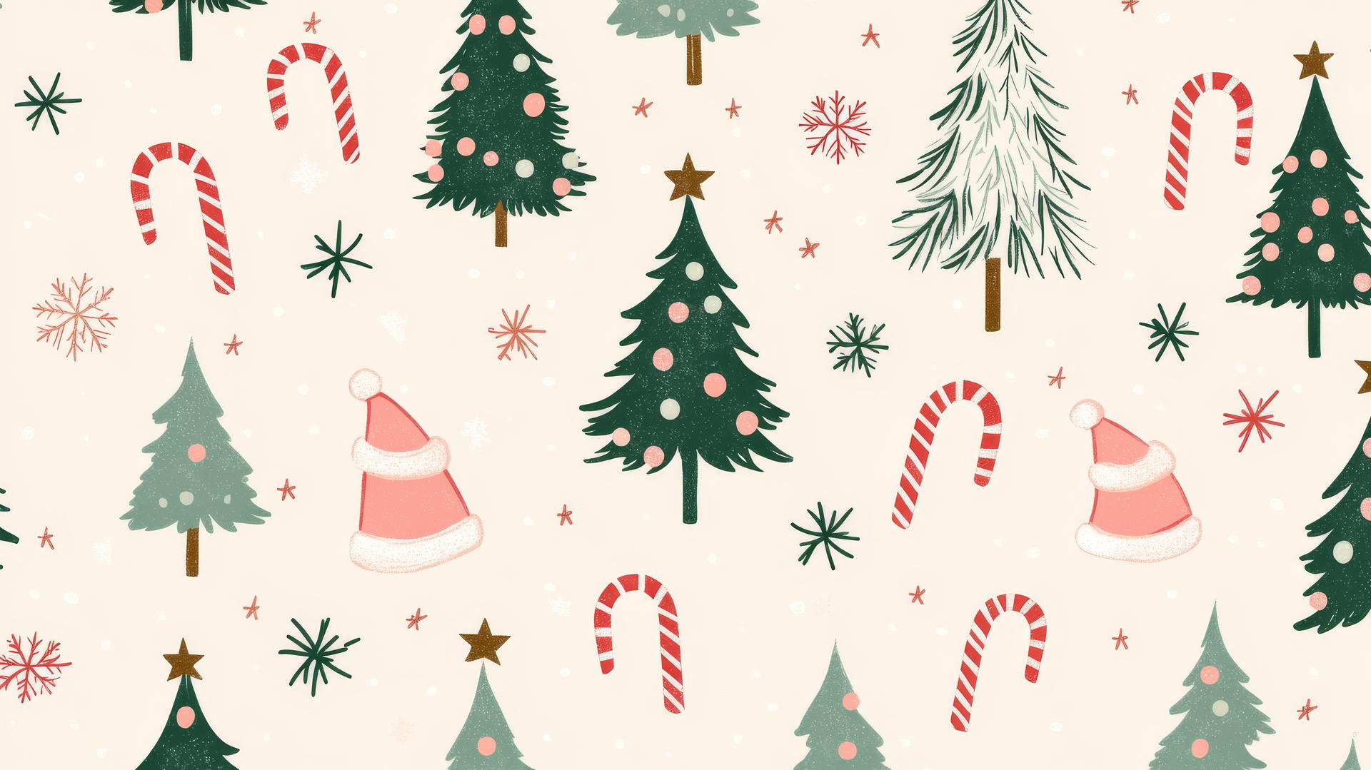 preppy Christmas wallpaper with pastel pink and green Christmas trees, candy canes, snowflakes, Santa hats, and small stars on a cream background
