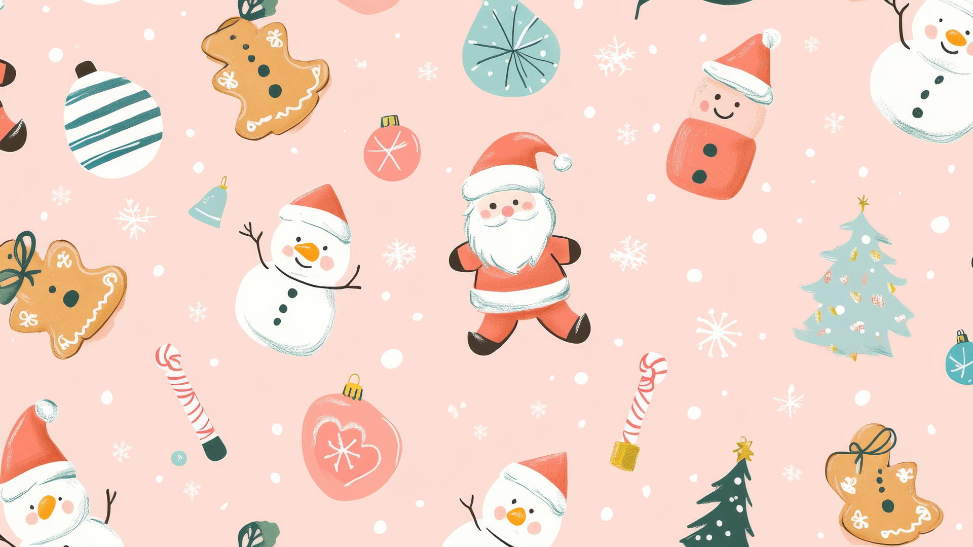 Preppy wallpaper with gingerbread cookies, Santa Claus, snowmen, and Christmas trees on pastel pink