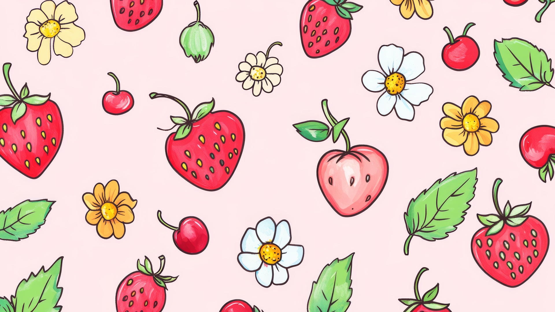 Preppy wallpaper with hand-drawn fruit and flower doodles