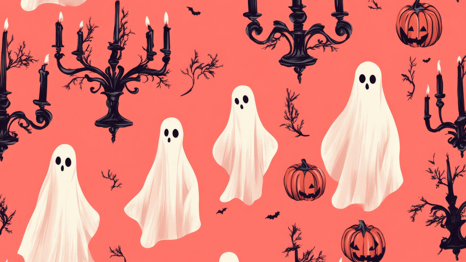 halloween preppy wallpaper with elegant ghosts, haunted candelabras, monogrammed pumpkins on pastel coral background