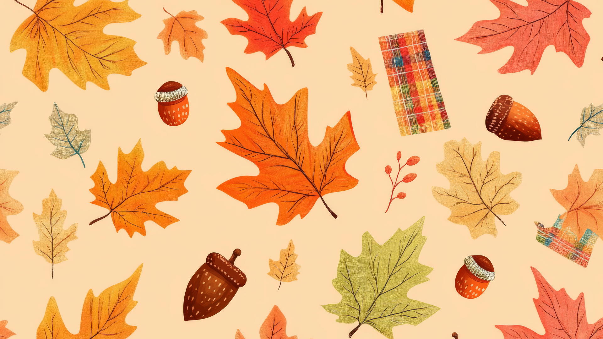 preppy autumn wallpaper with colorful leaves and acorns on light orange background