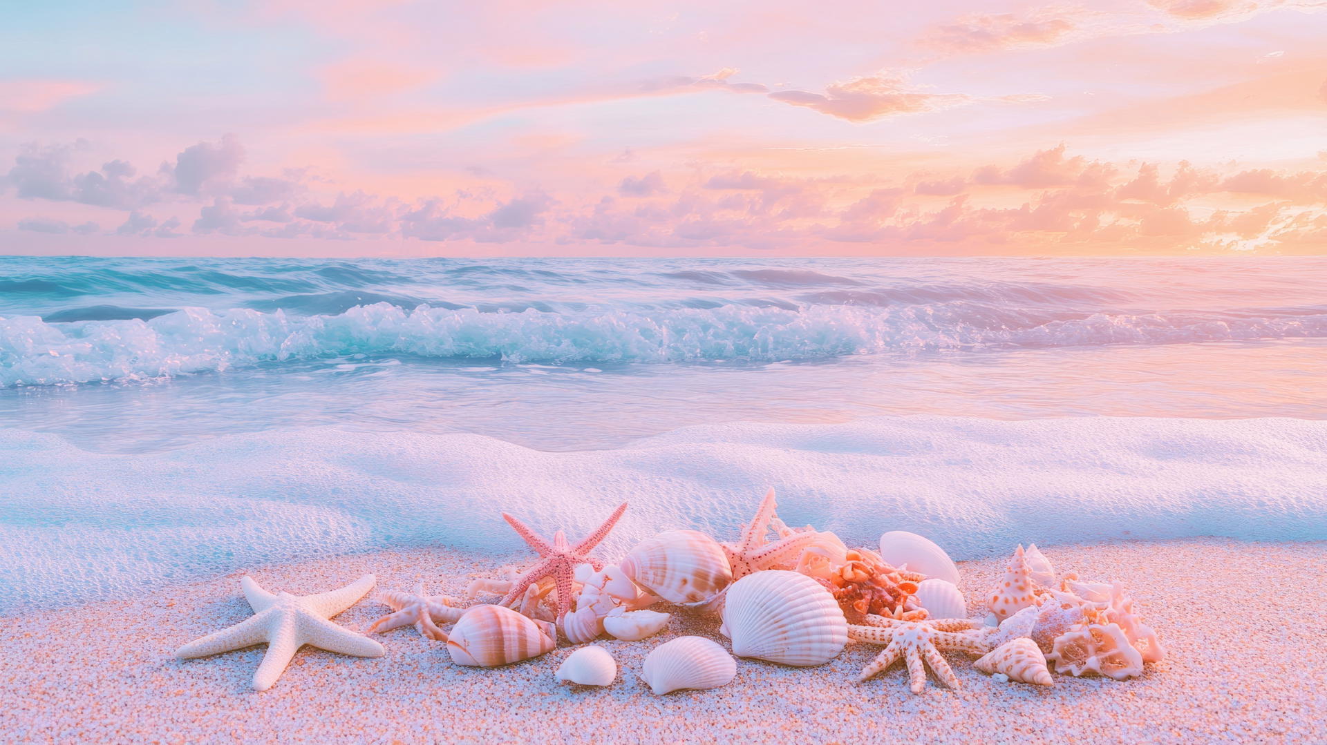 cute wallpapers aesthetic with pastel beach scene, seashells, starfish, and tiny crabs