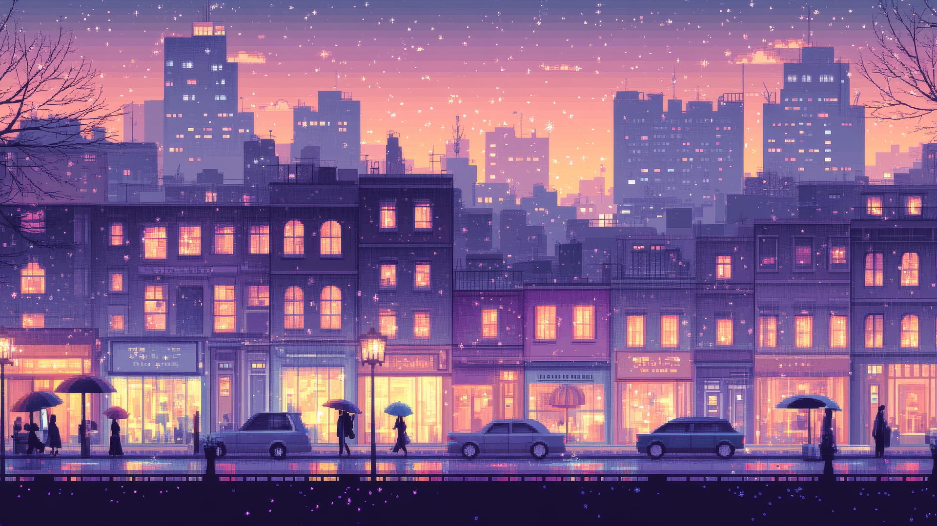 cute aesthetic wallpapers with a pastel cityscape at dusk, glowing windows, tiny cars, and umbrellas