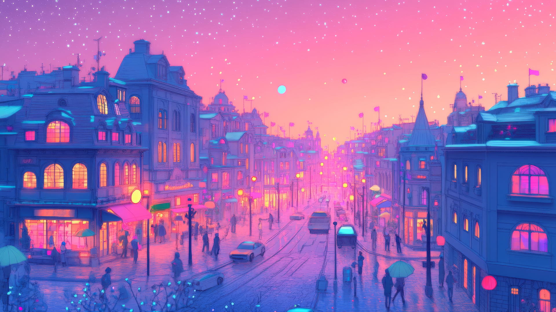 cute aesthetic wallpapers with pastel cityscape at dusk, glowing windows, tiny cars, umbrellas, starry sky