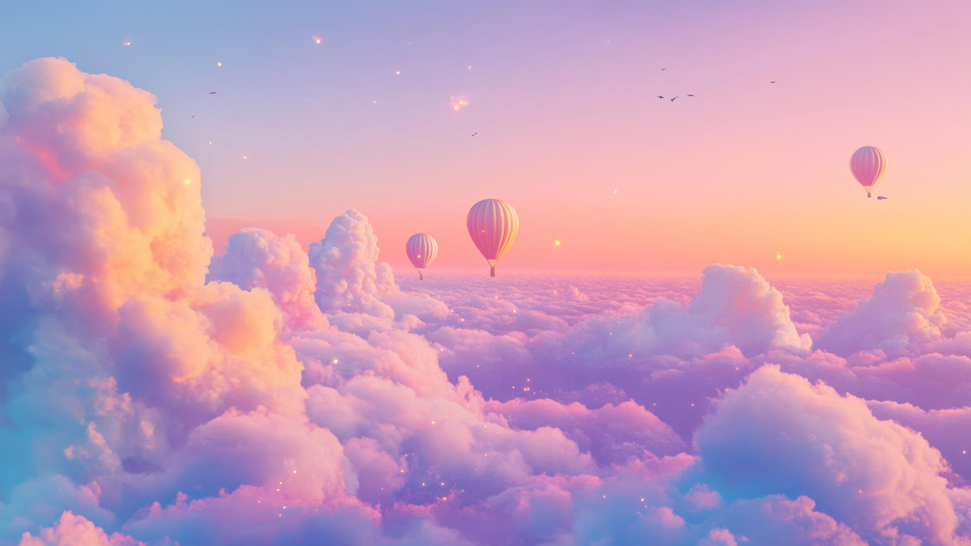 Cute aesthetic wallpapers of a dreamy cloudscape with hot air balloons and stars