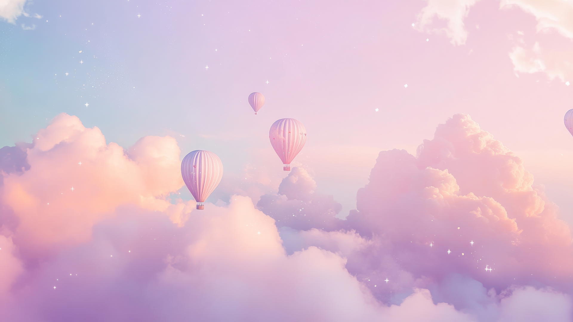 cute aesthetic wallpapers with dreamy pastel cloudscape, tiny hot air balloons, and stars