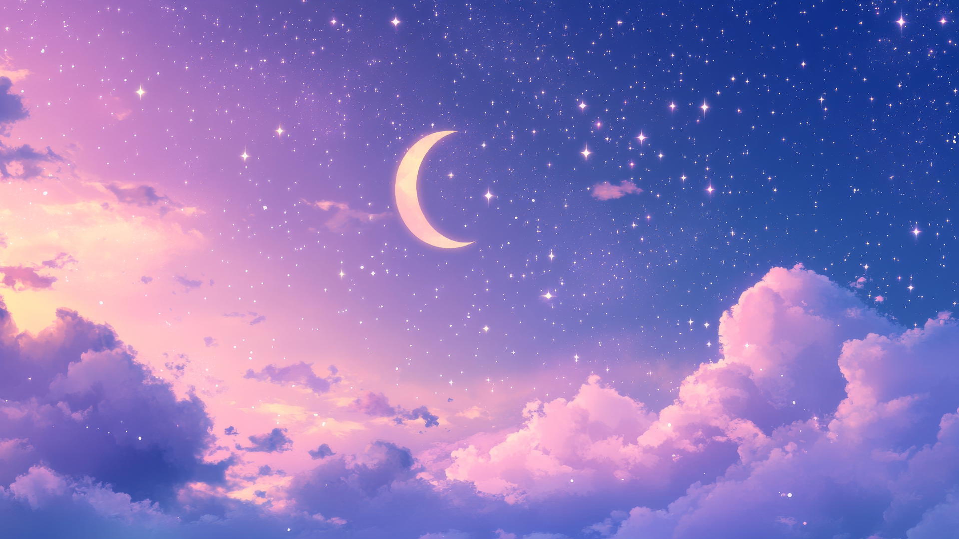 cute wallpapers of a night sky with twinkling stars and a crescent moon, cute sleeping clouds