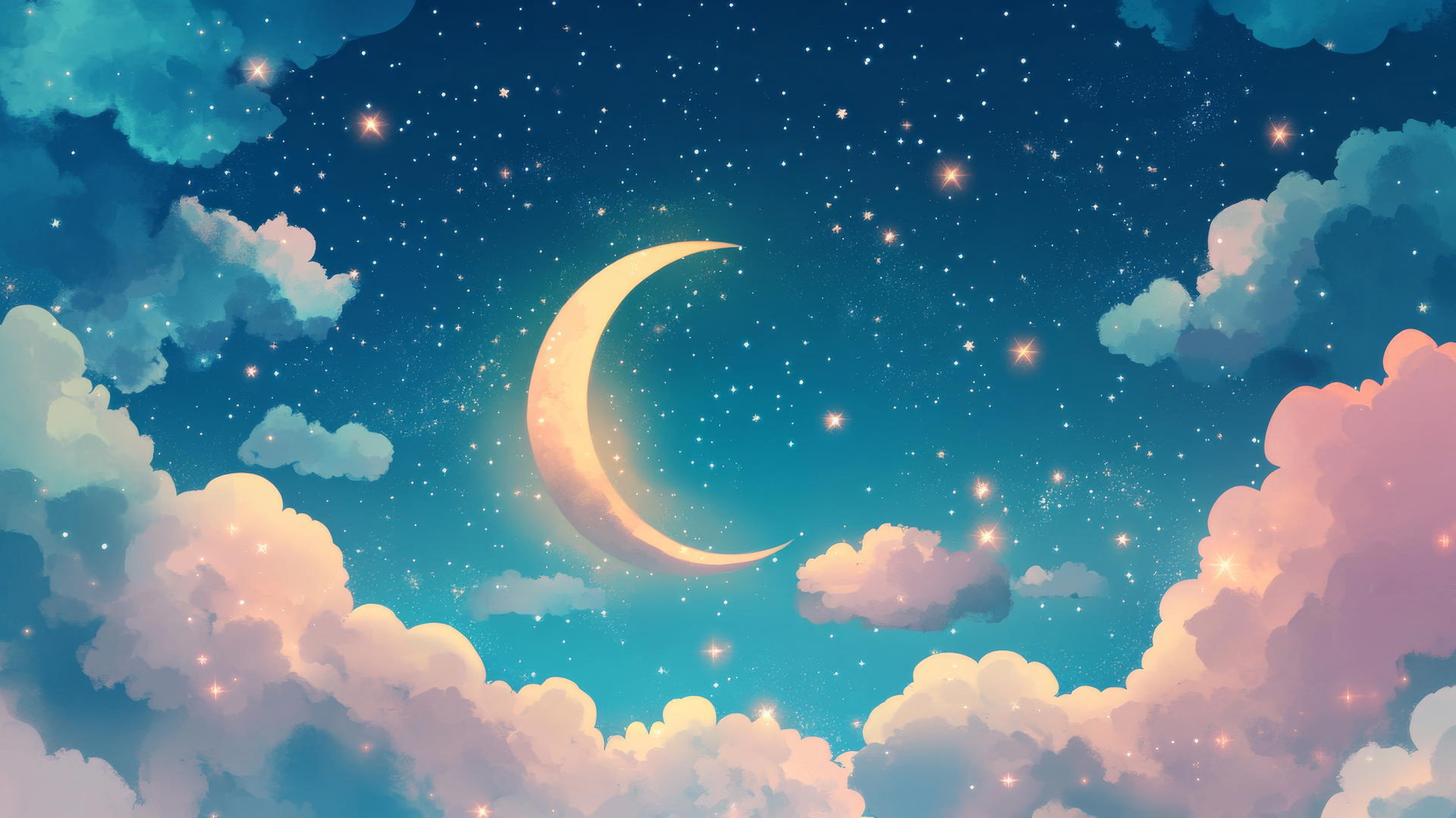 cute wallpapers featuring a night sky with stars, crescent moon, and sleeping clouds