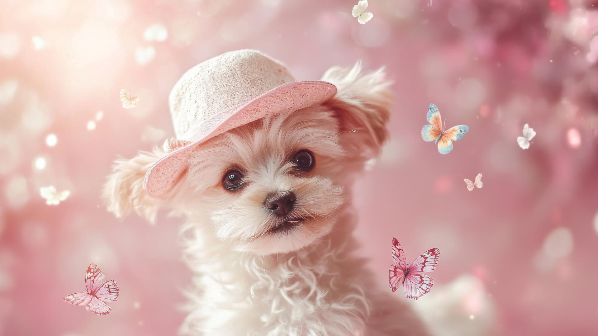 pink cute puppy wallpaper with small hat, butterflies, and flowers