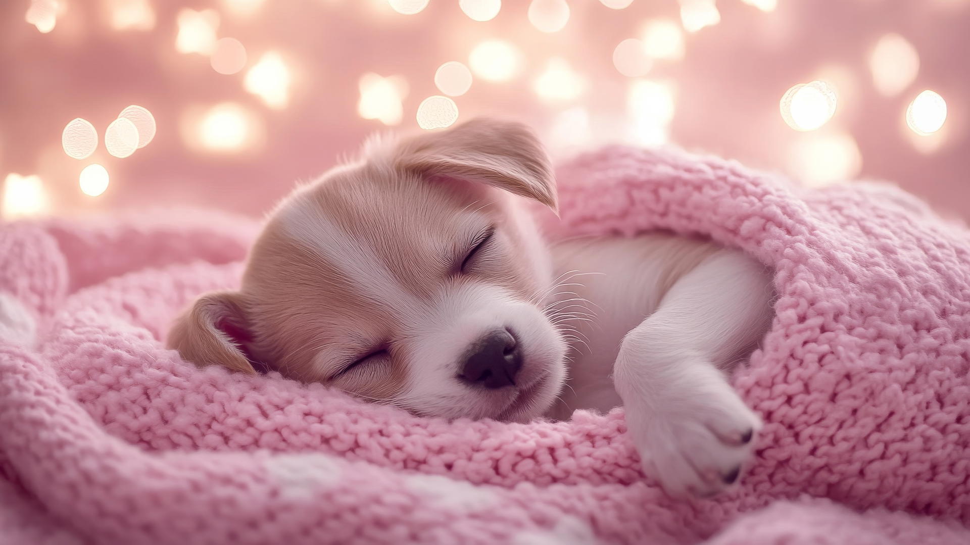 Pink cute puppy wallpaper with a sleepy puppy in a cozy blanket, surrounded by stars