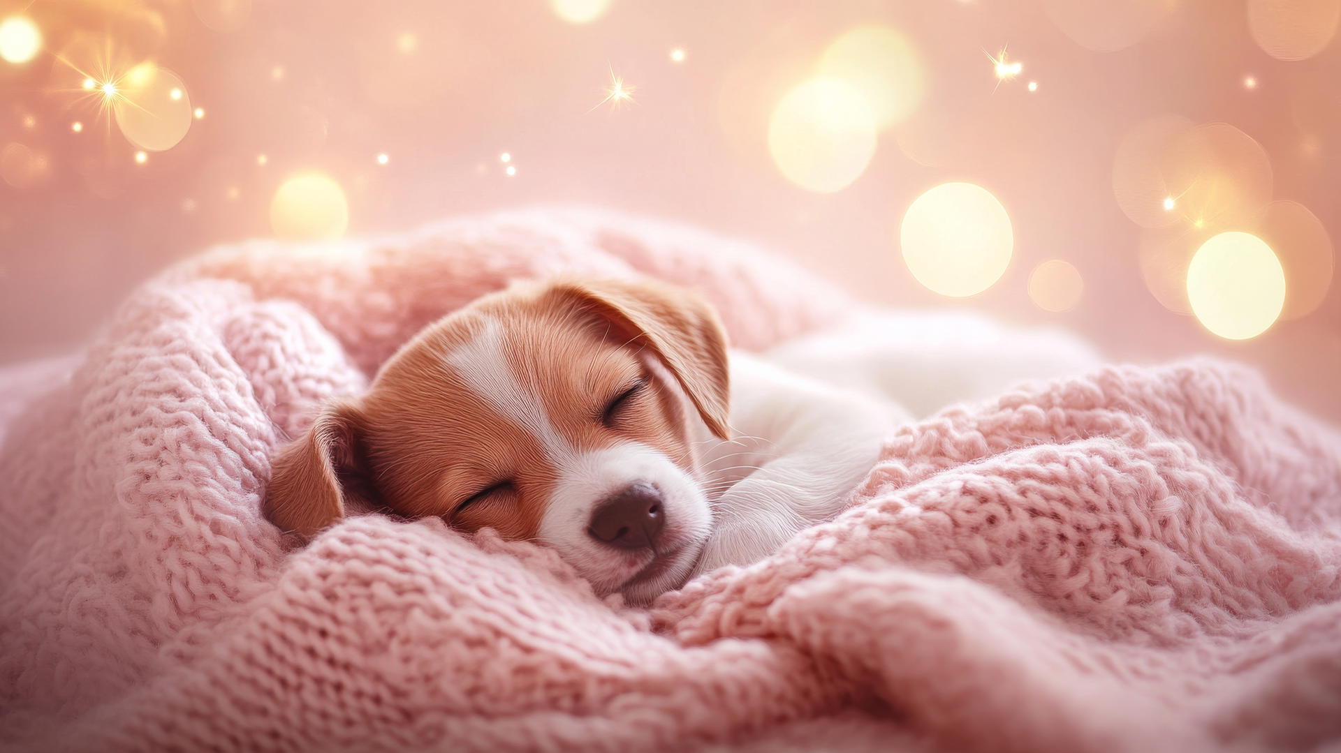 pink cute puppy wallpaper with a sleepy puppy wrapped in a blanket surrounded by stars