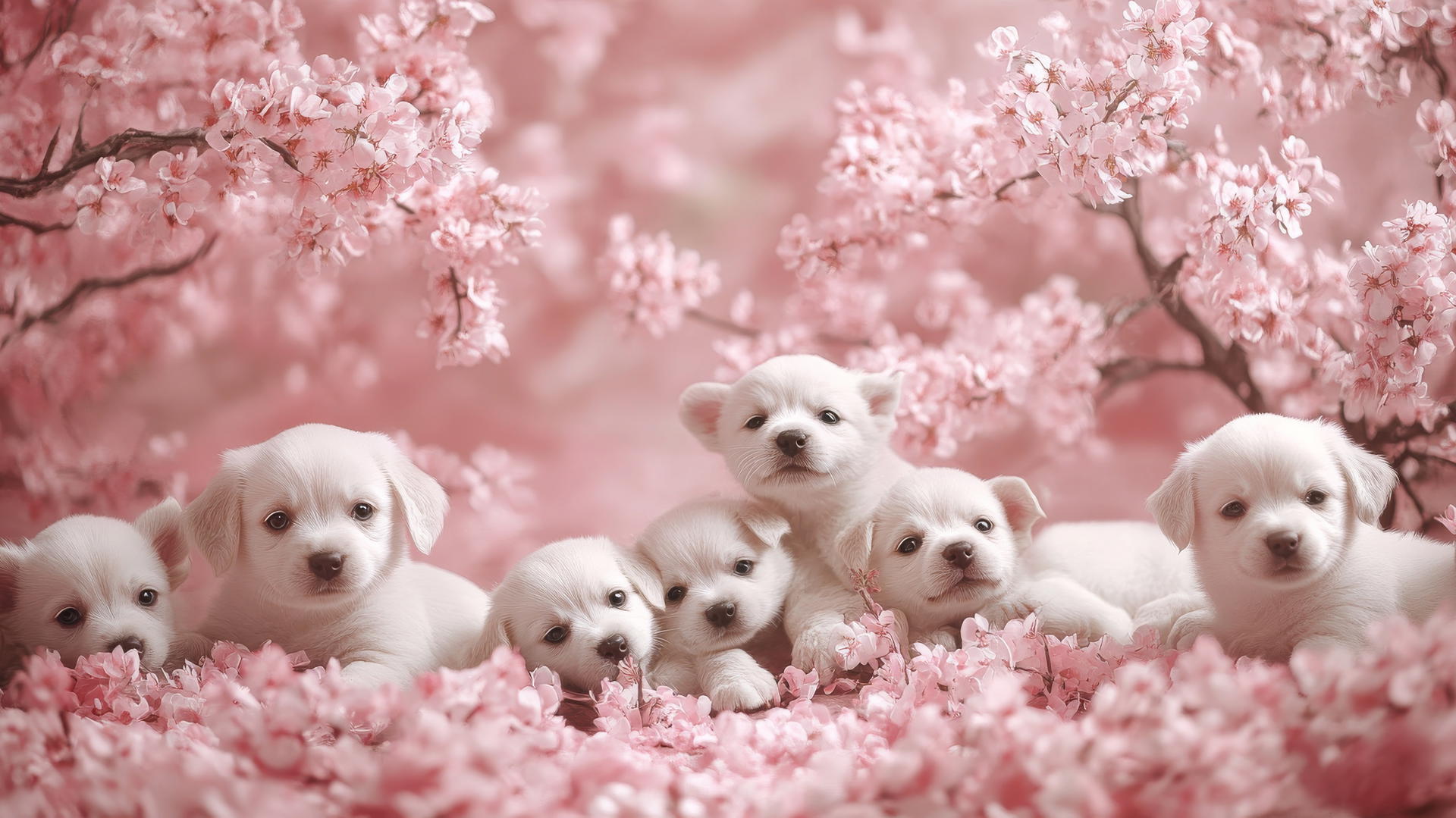 pink cute puppy wallpaper with puppies playing in a park with pastel flowers and trees