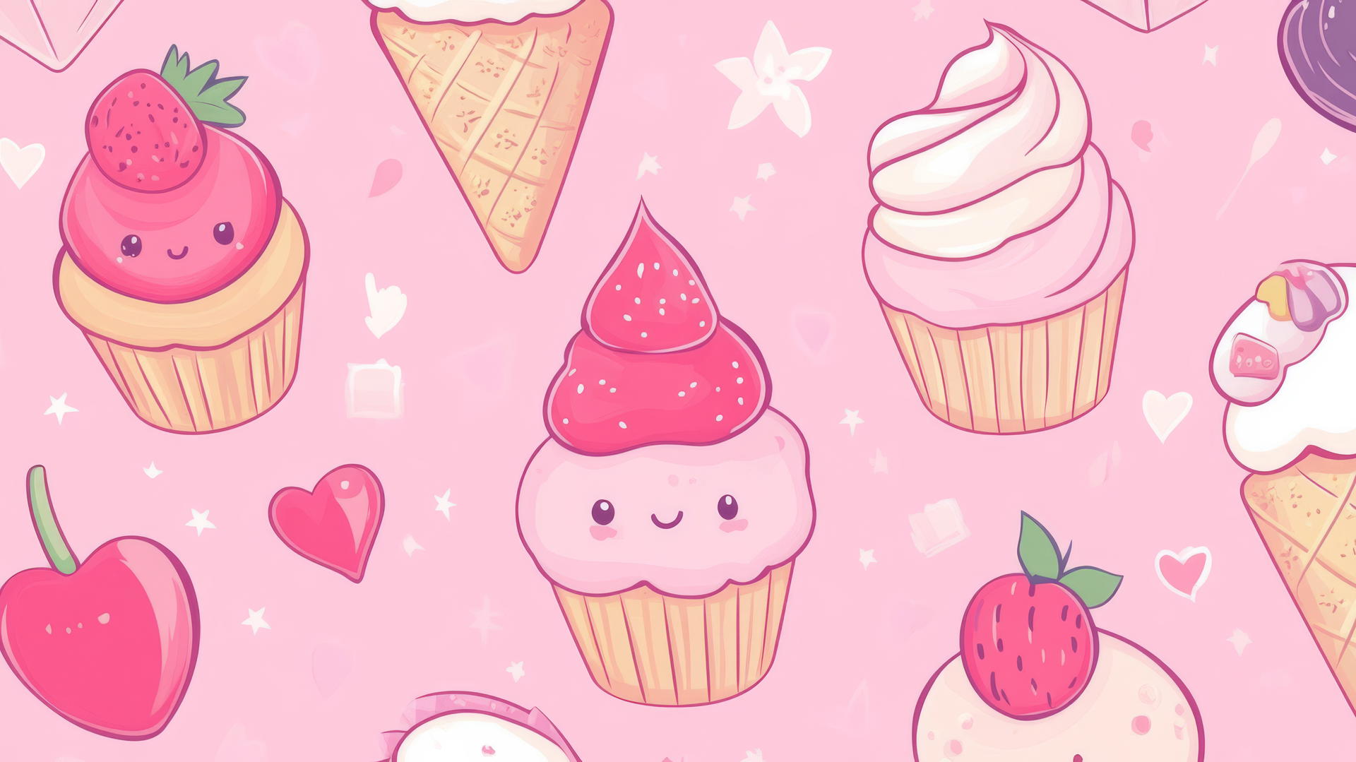 Cute pink wallpaper with kawaii-style food items like cupcakes and ice cream cones