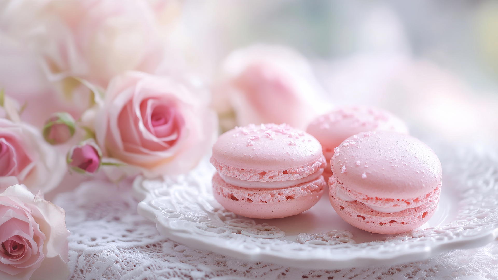 pink wallpaper aesthetic with pink macaroons and roses on white lace tablecloth
