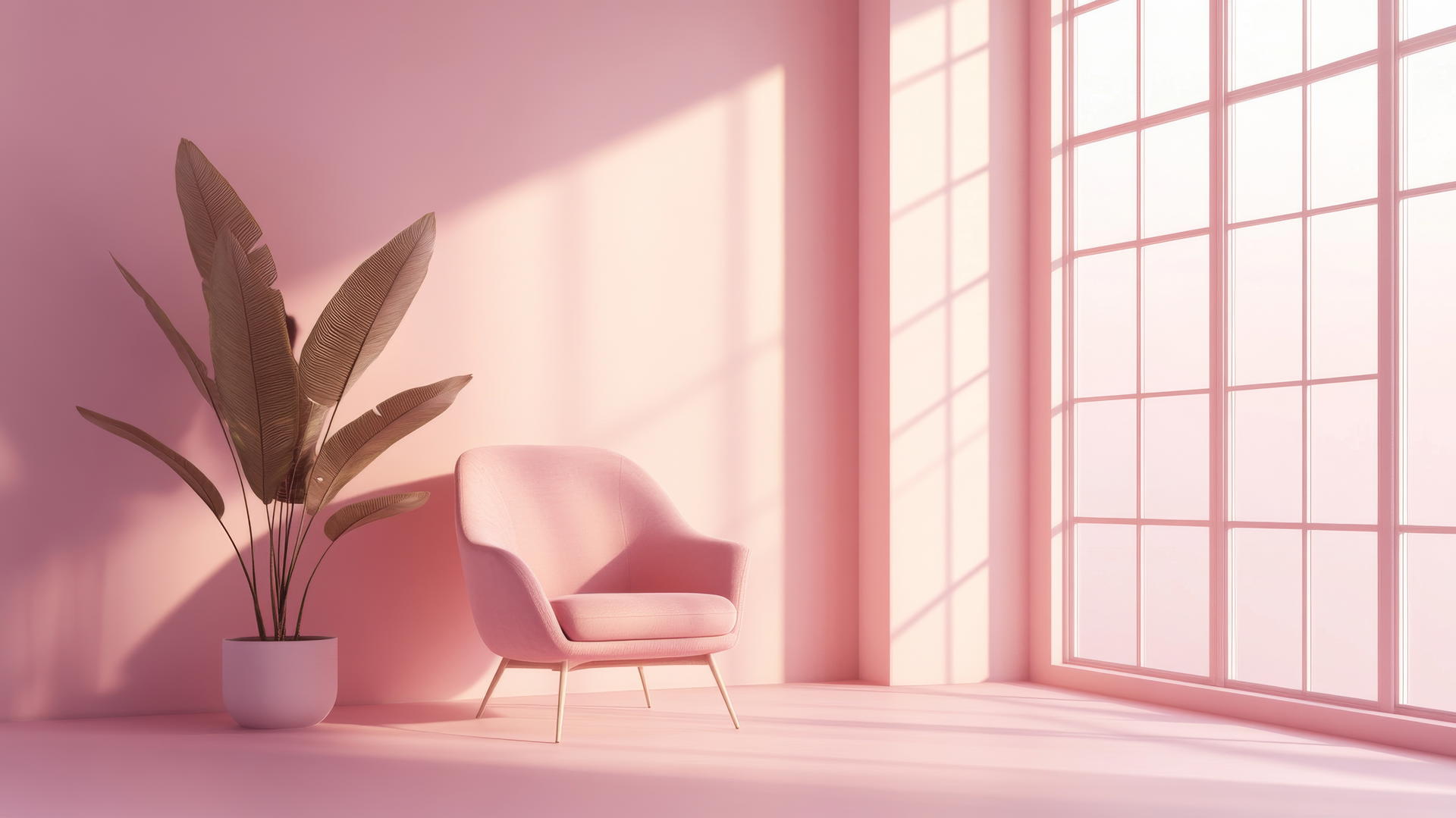 pink wallpaper aesthetic with minimalist room, potted plant, cozy chair, and large window