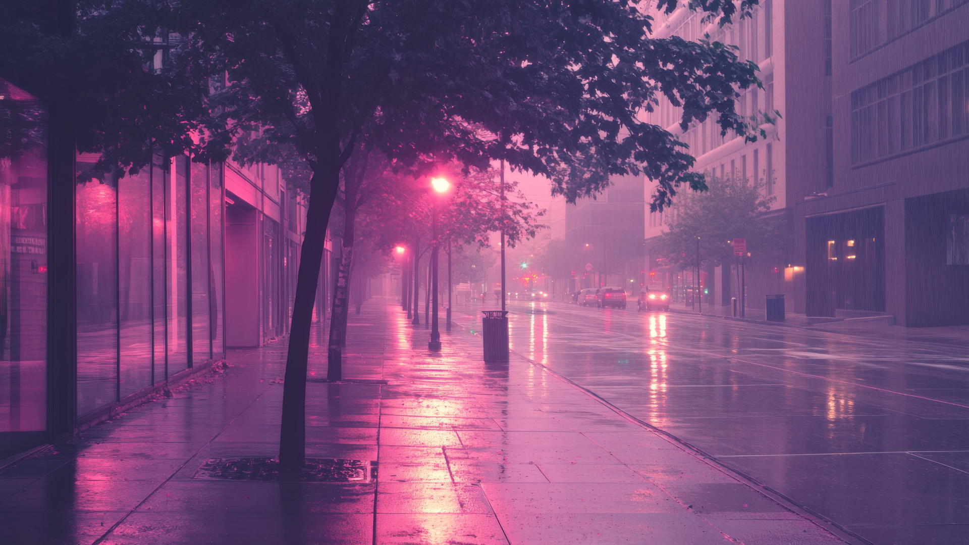 Aesthetic pink wallpaper with pastel pink urban street scene at dawn