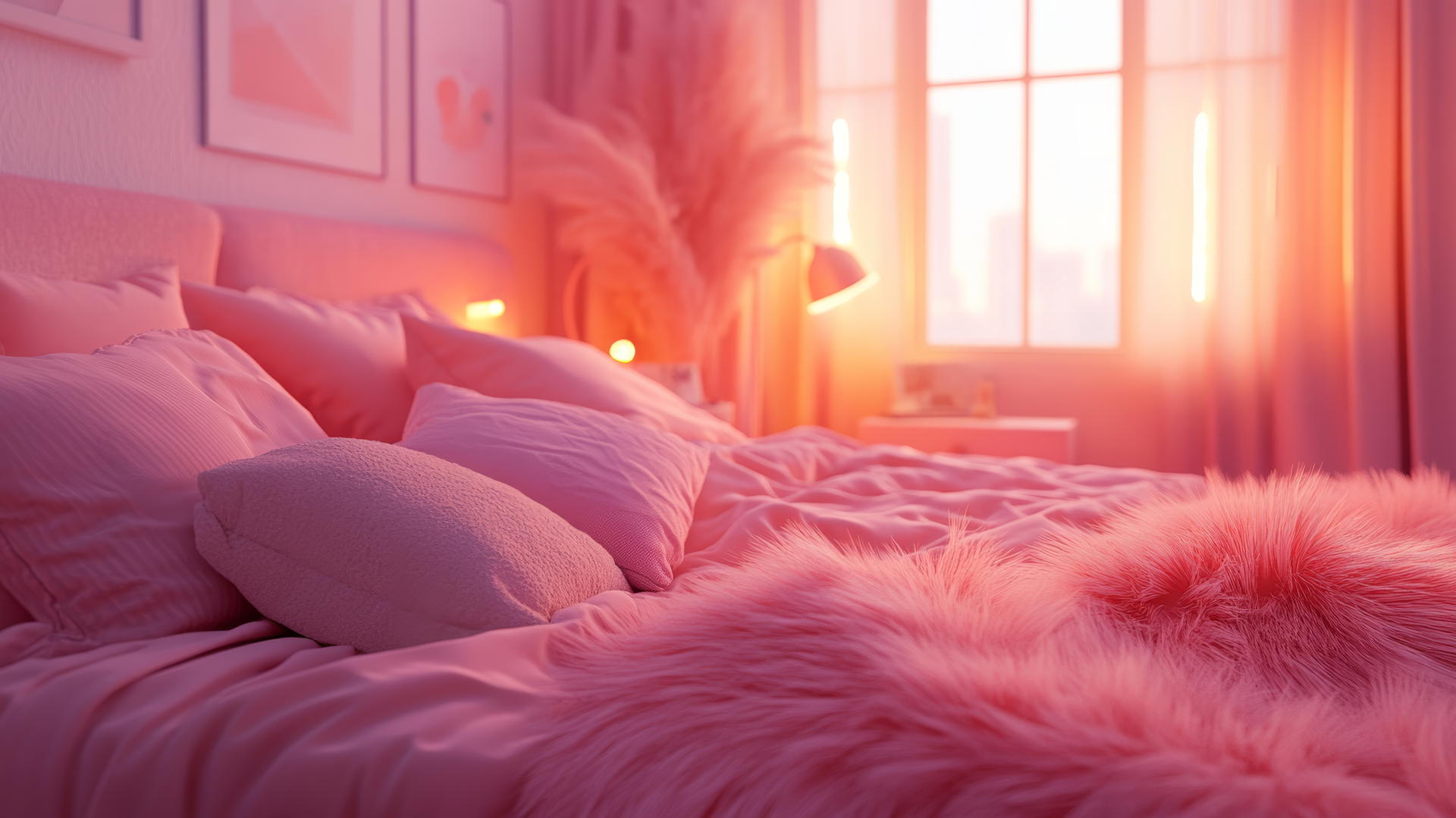 pink aesthetic wallpaper with a cute cozy bedroom scene
