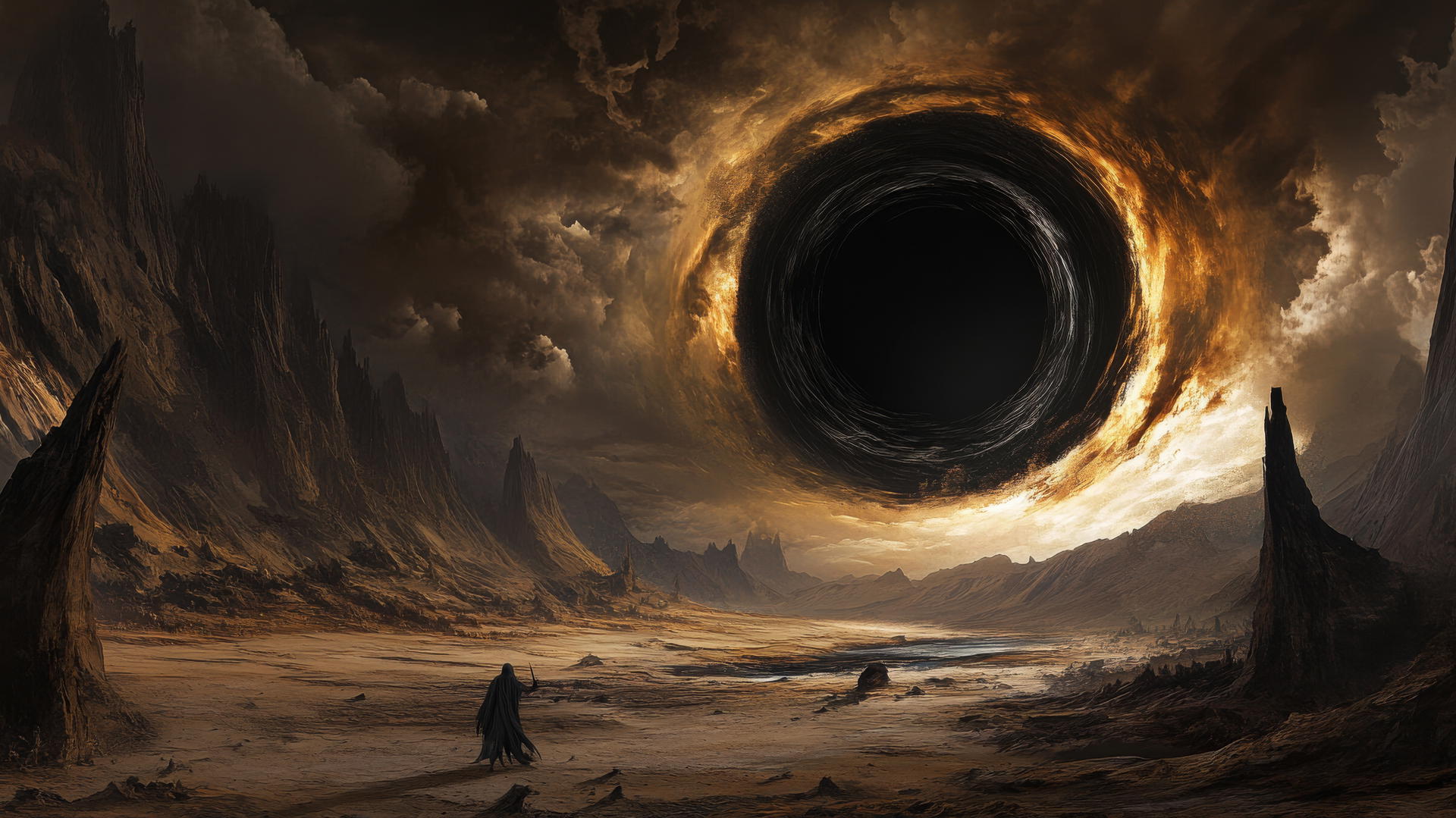 Black hole wallpaper with dark fantasy elements, shadowy figures, and barren lands.