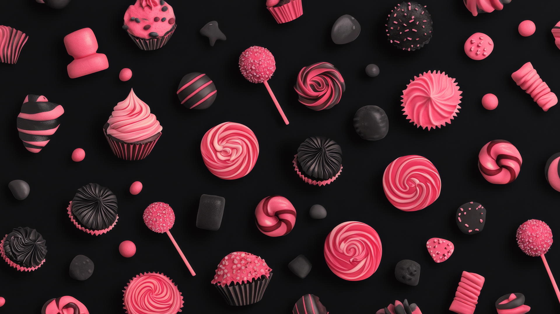 black wallpaper for girls with sweet pink cupcakes and candies