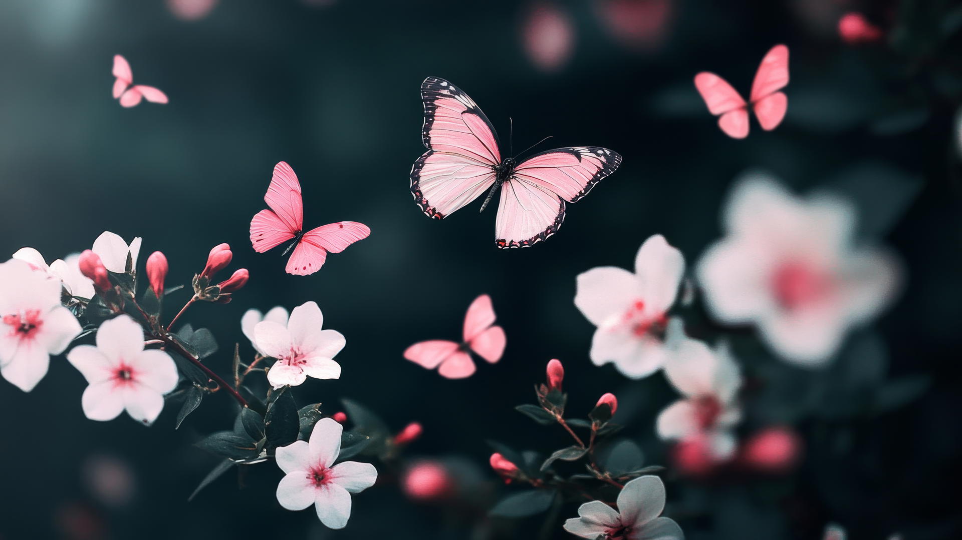 black wallpaper for girls with pink butterflies and soft flowers