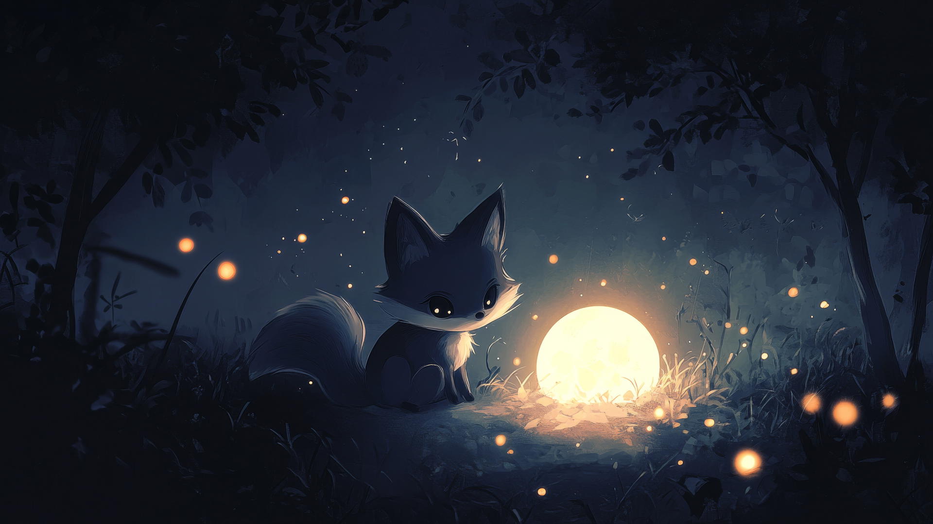 black cute wallpaper with a chibi fox, glowing moon, and fireflies