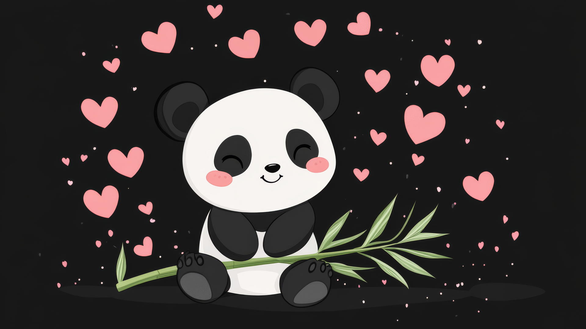 black cute wallpaper with kawaii panda bear, bamboo leaf, pink hearts