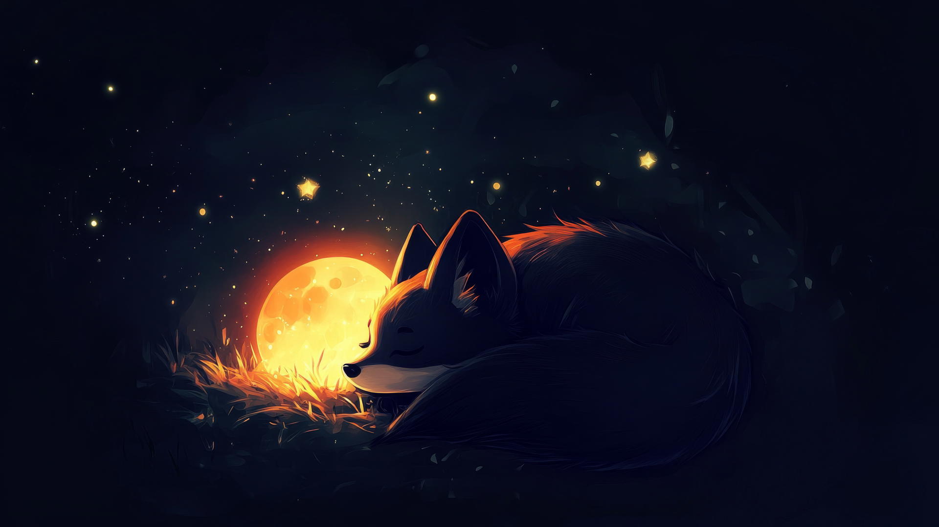 cute black wallpaper with a chibi-style fox curled up under a glowing moon and stars