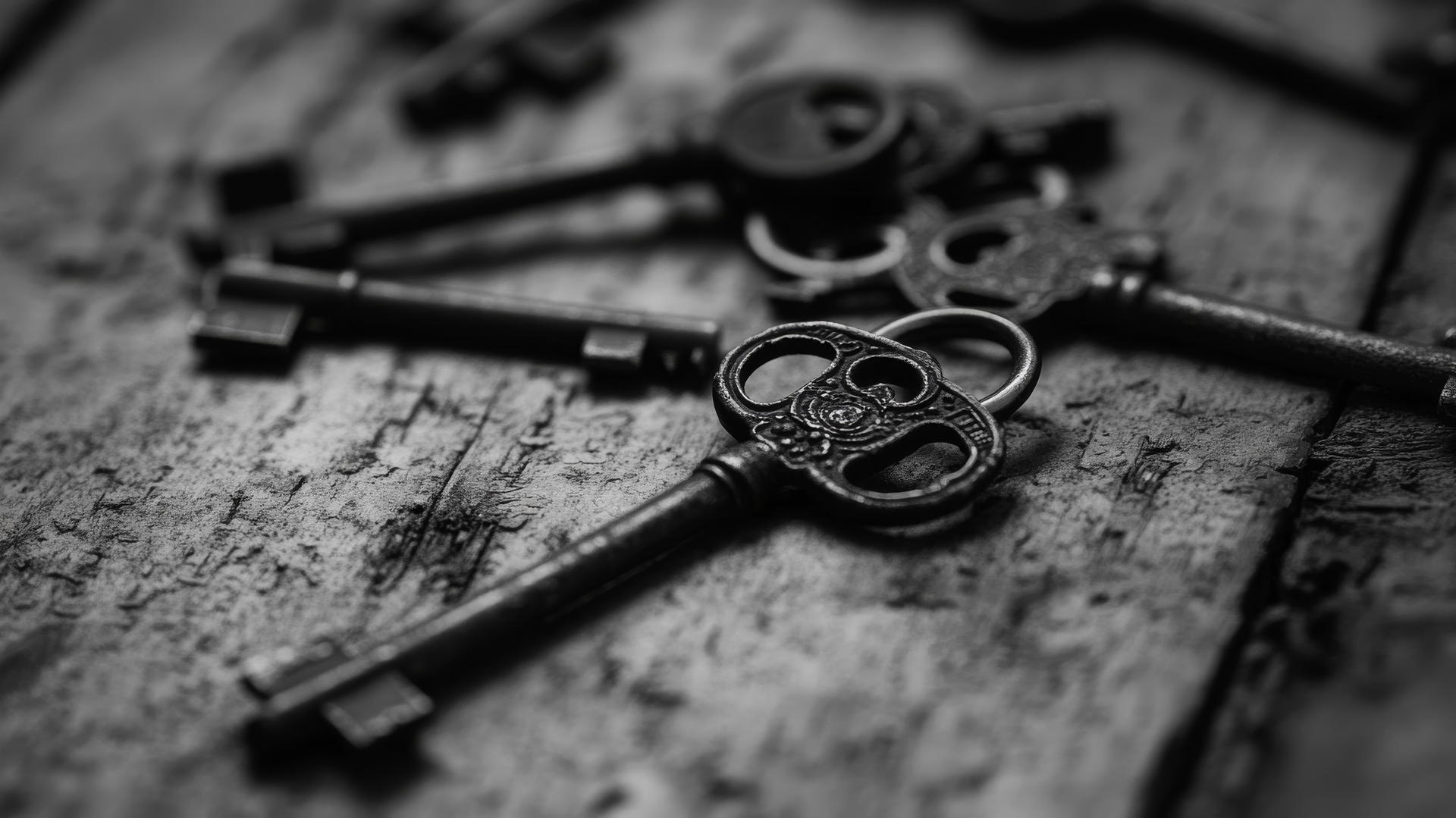 black and white aesthetic wallpaper with old-fashioned keys on a rustic wooden table
