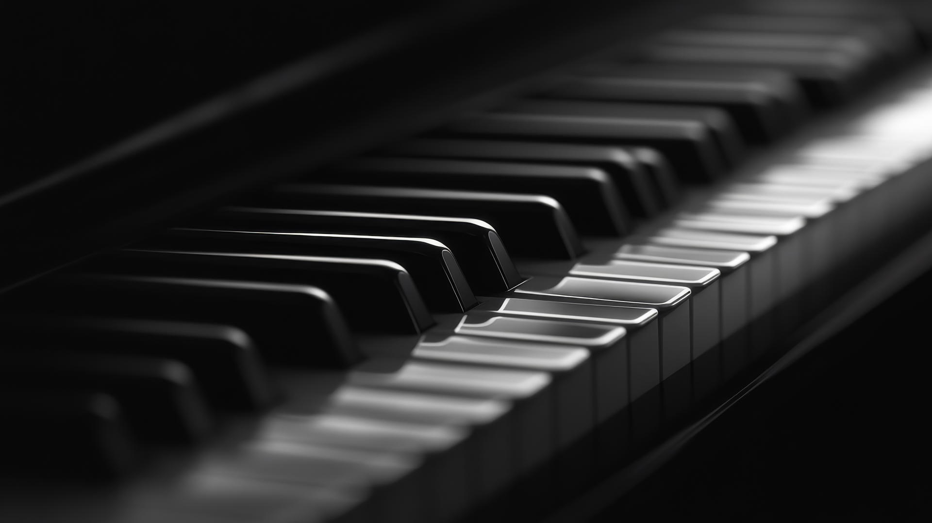 Close-up of black piano keys with soft lighting, aesthetic black wallpaper