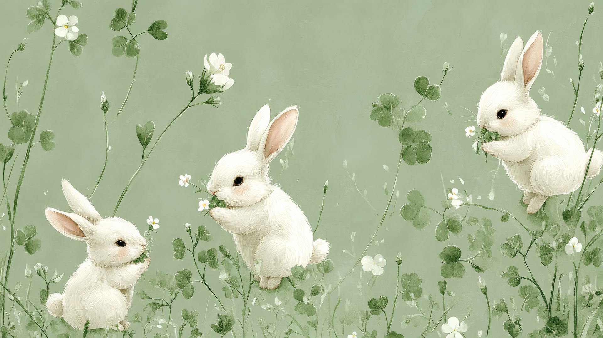 Cute green wallpaper with chubby bunnies holding flowers among clovers