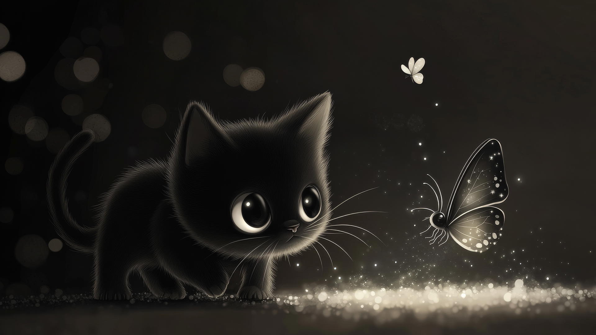 black cute wallpaper with cartoon kitten chasing butterfly