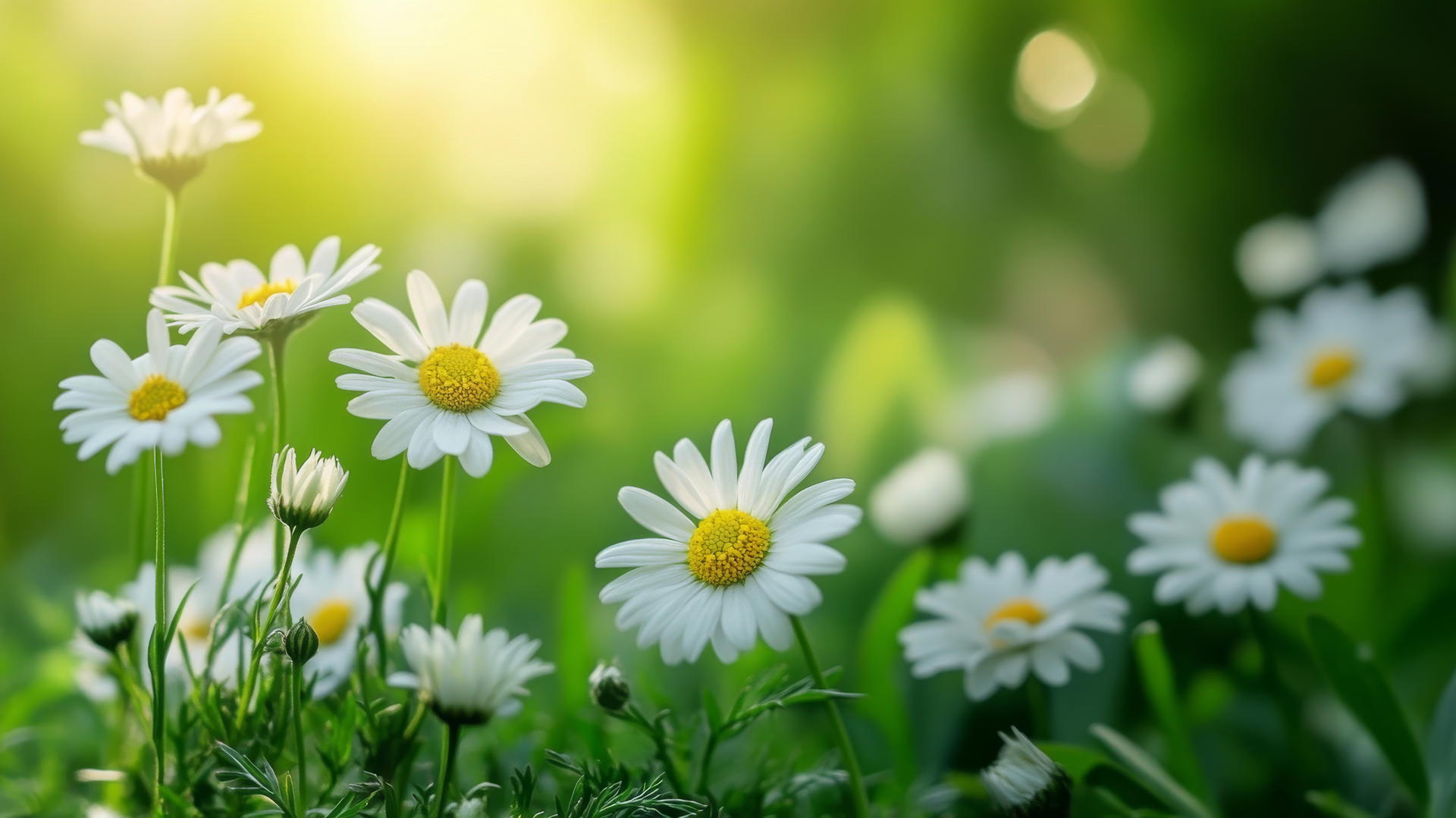 flower nature wallpaper of white daisies in a green meadow with sunlight