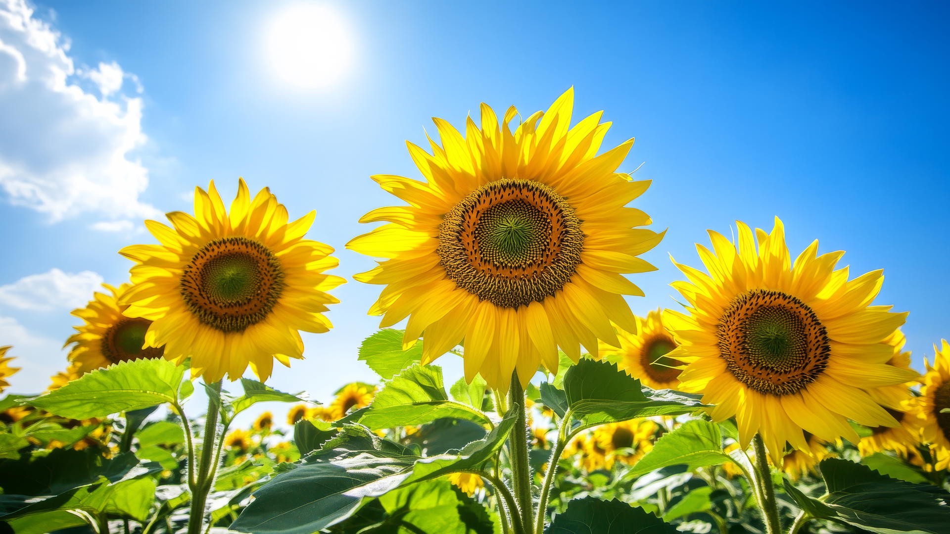 flower nature wallpaper with blooming sunflowers under a bright blue sky