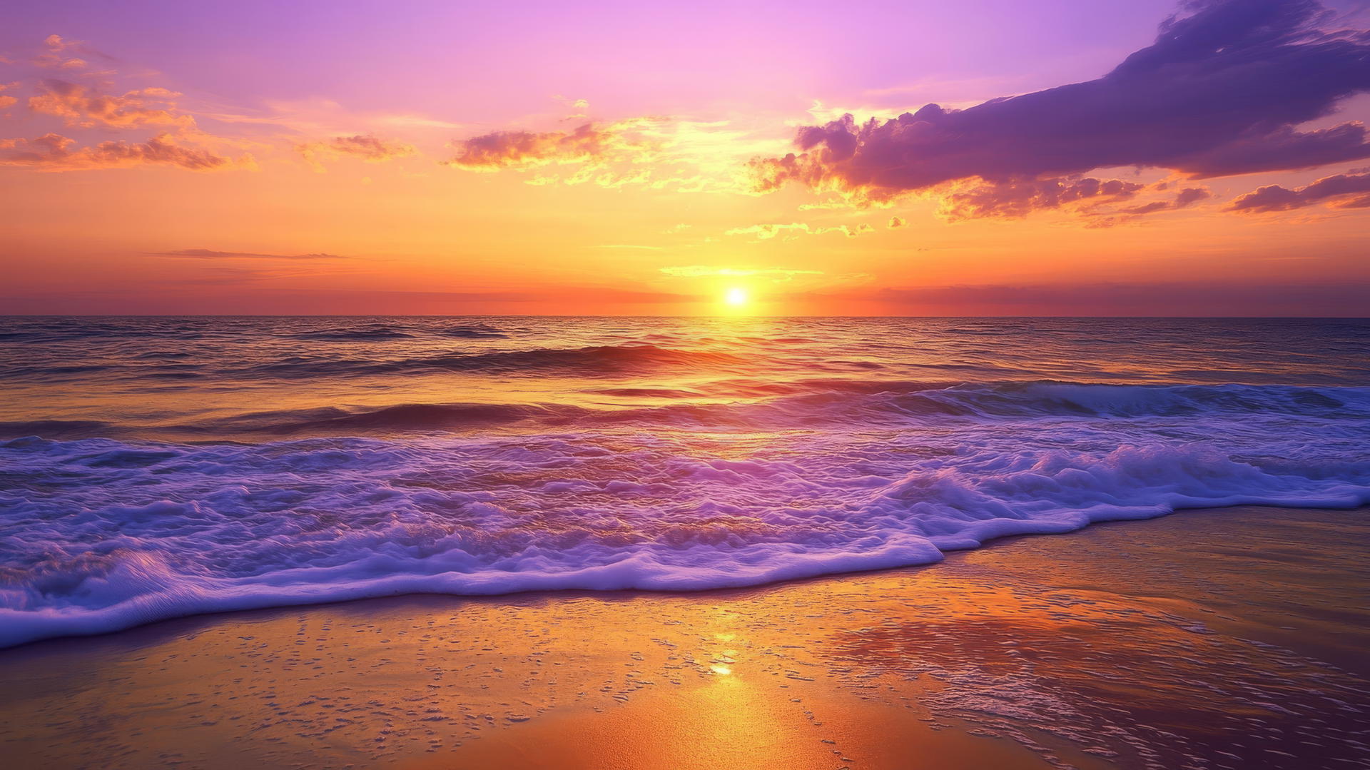A peaceful beach scene with gentle waves and a dramatic sunset in orange and purple hues; nature wallpaper