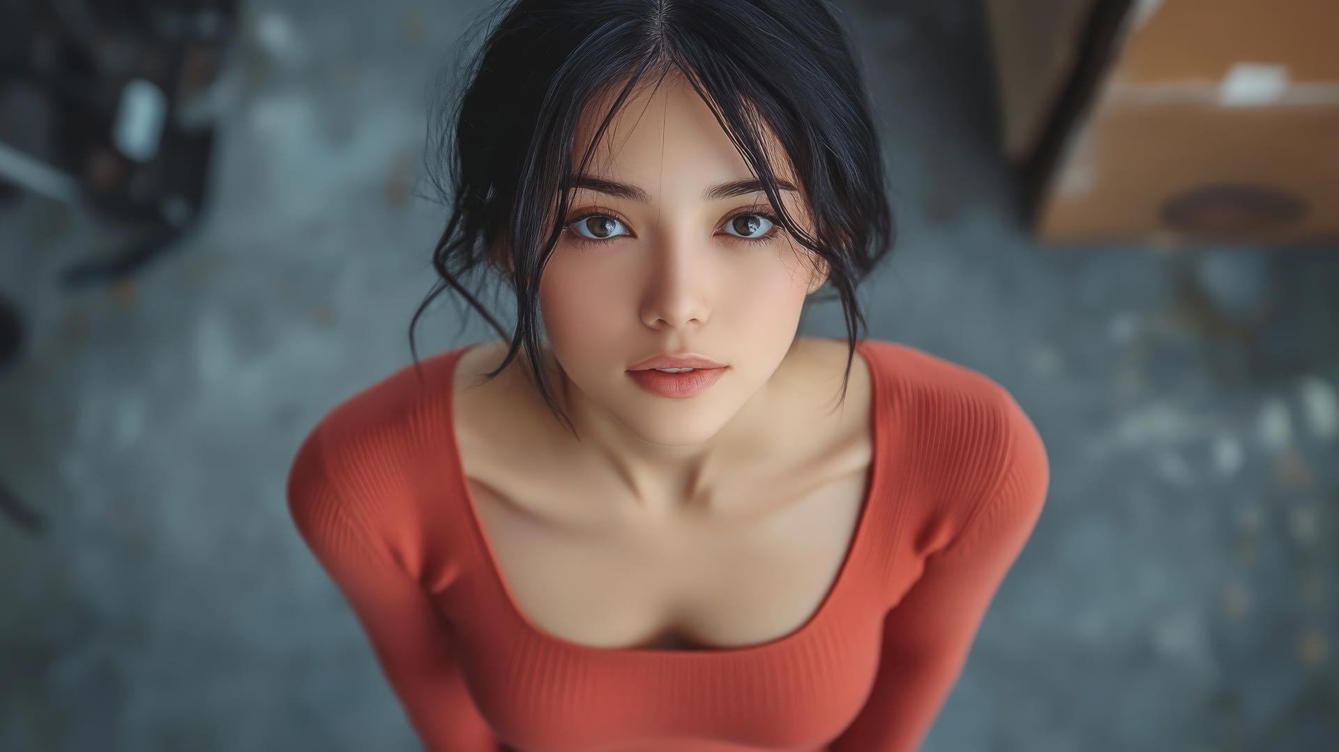 Asian girl with smooth pink skin, kneeling, smiling, wearing black socks