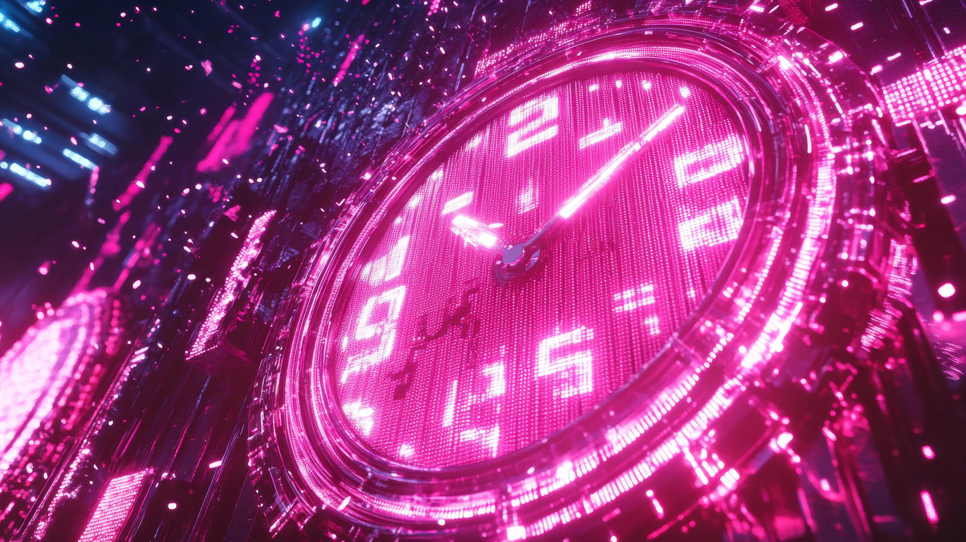 A pink Y2K wallpaper with a neon pink digital clock, pixelated numbers, glitch effects, and holographic sparkles.