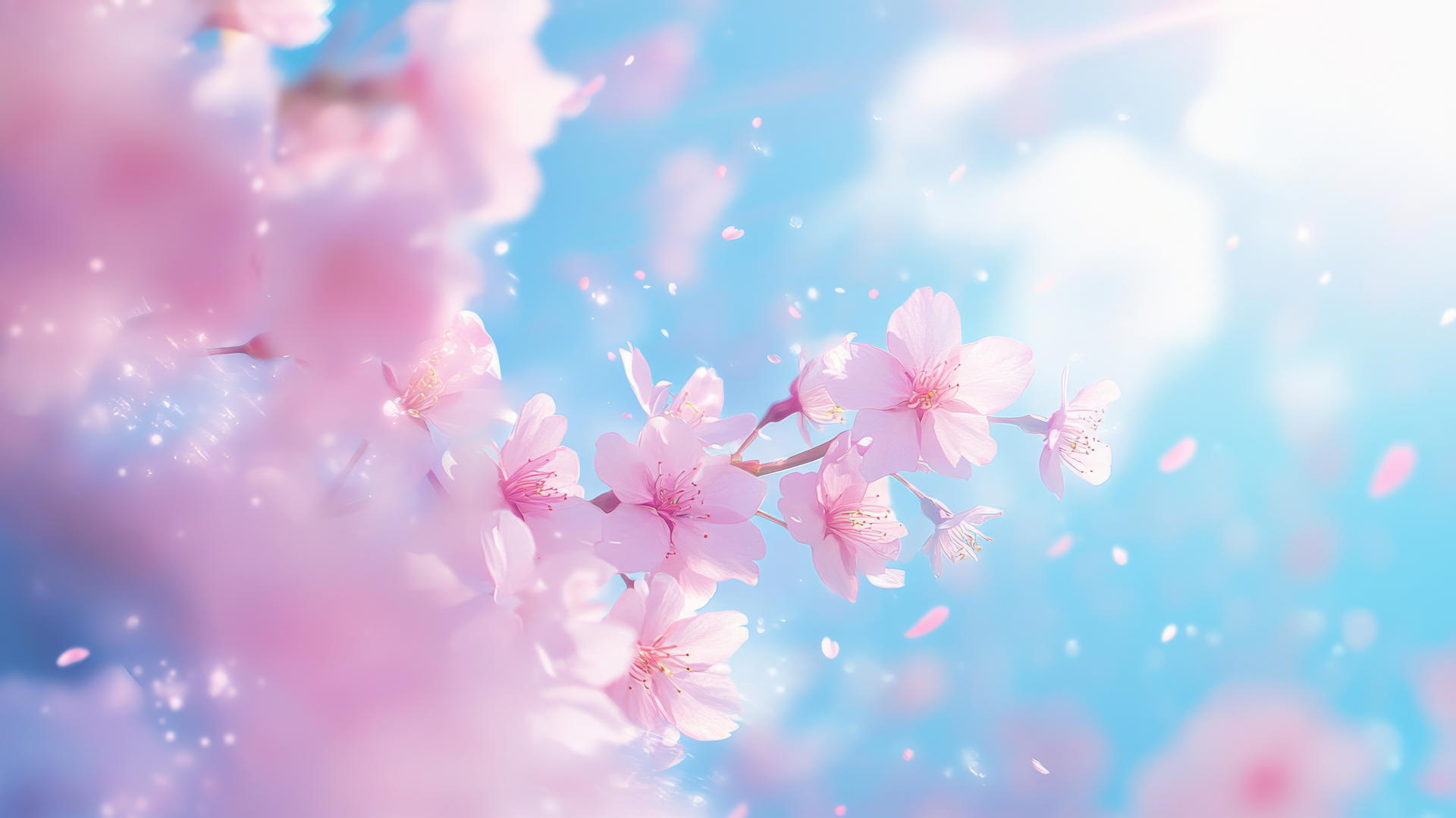 Pink and blue wallpaper with cherry blossoms against a bright blue sky