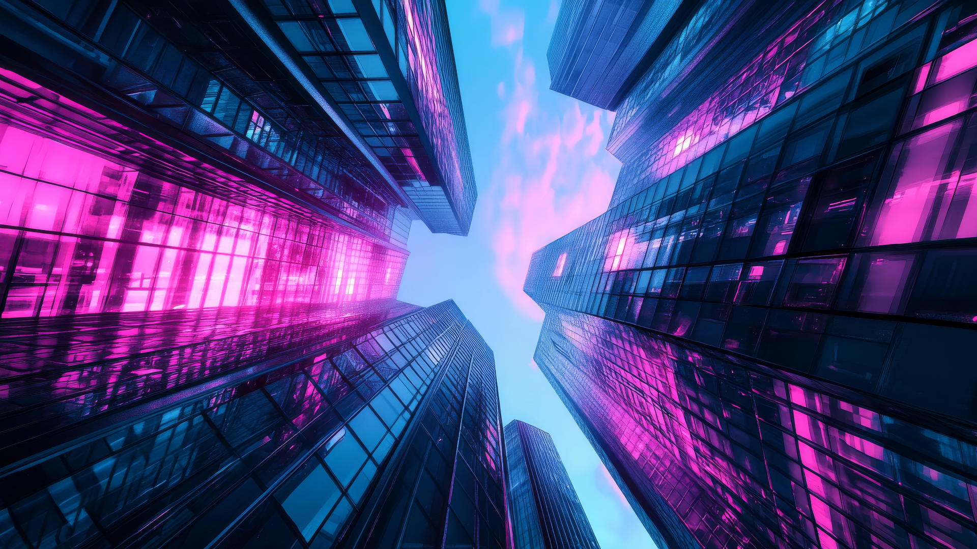 pink and blue wallpaper with neon-lit modern cityscape and glass buildings