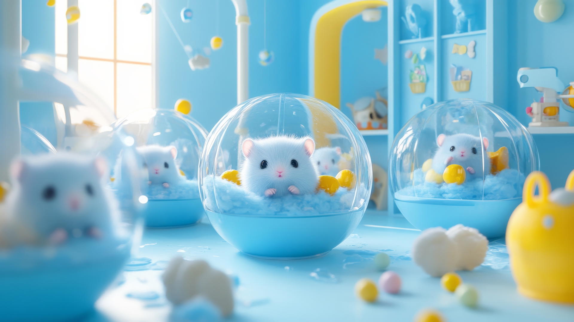 cute blue wallpaper with adorable hamsters in transparent balls in a pastel playroom