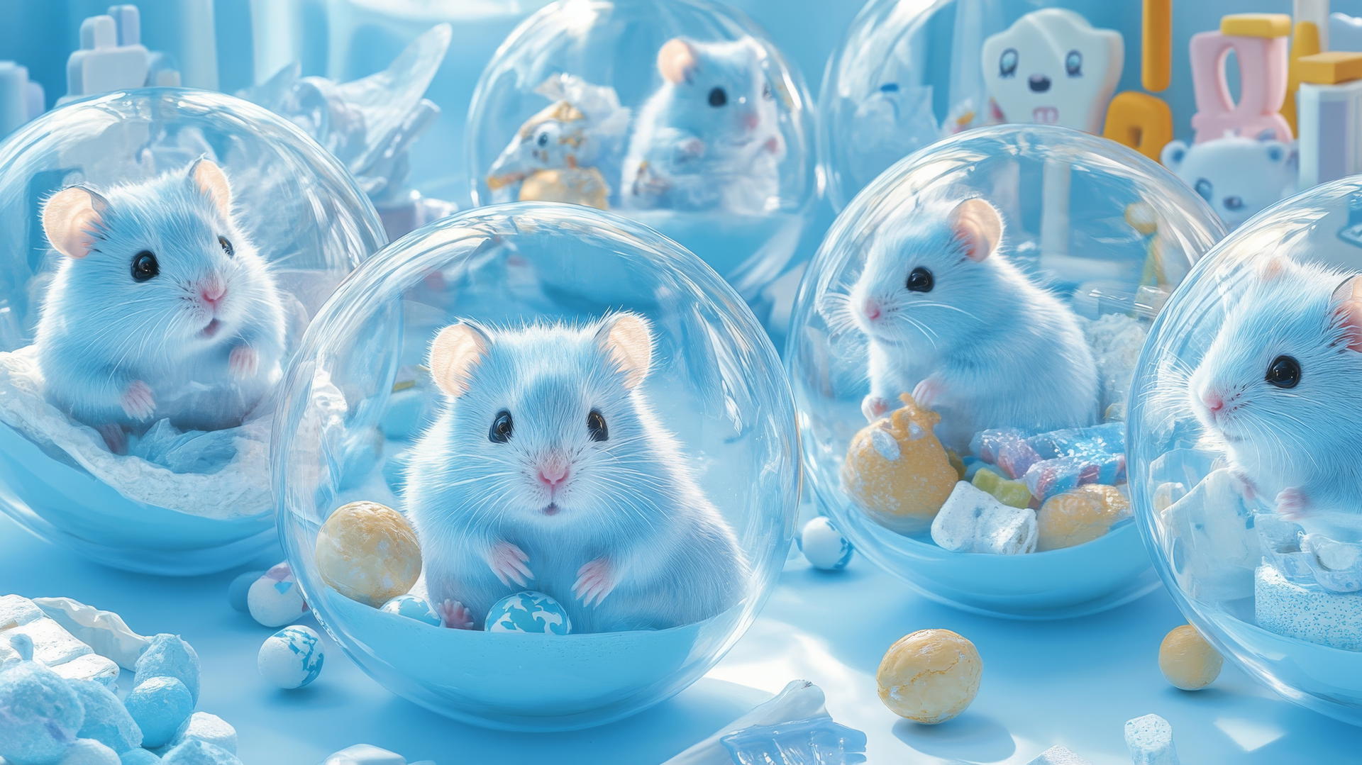 cute blue wallpaper with adorable hamsters in transparent balls