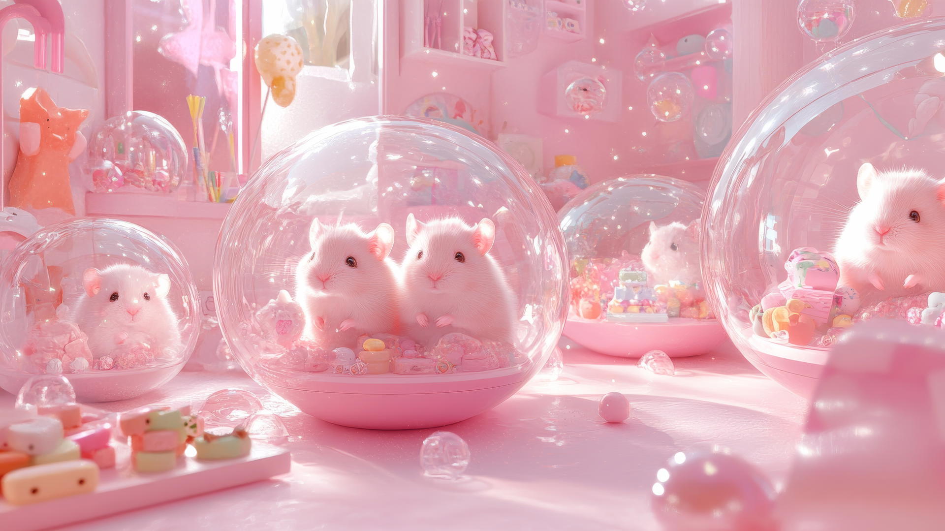 cute pink wallpaper with adorable hamsters in transparent balls in a pastel playroom