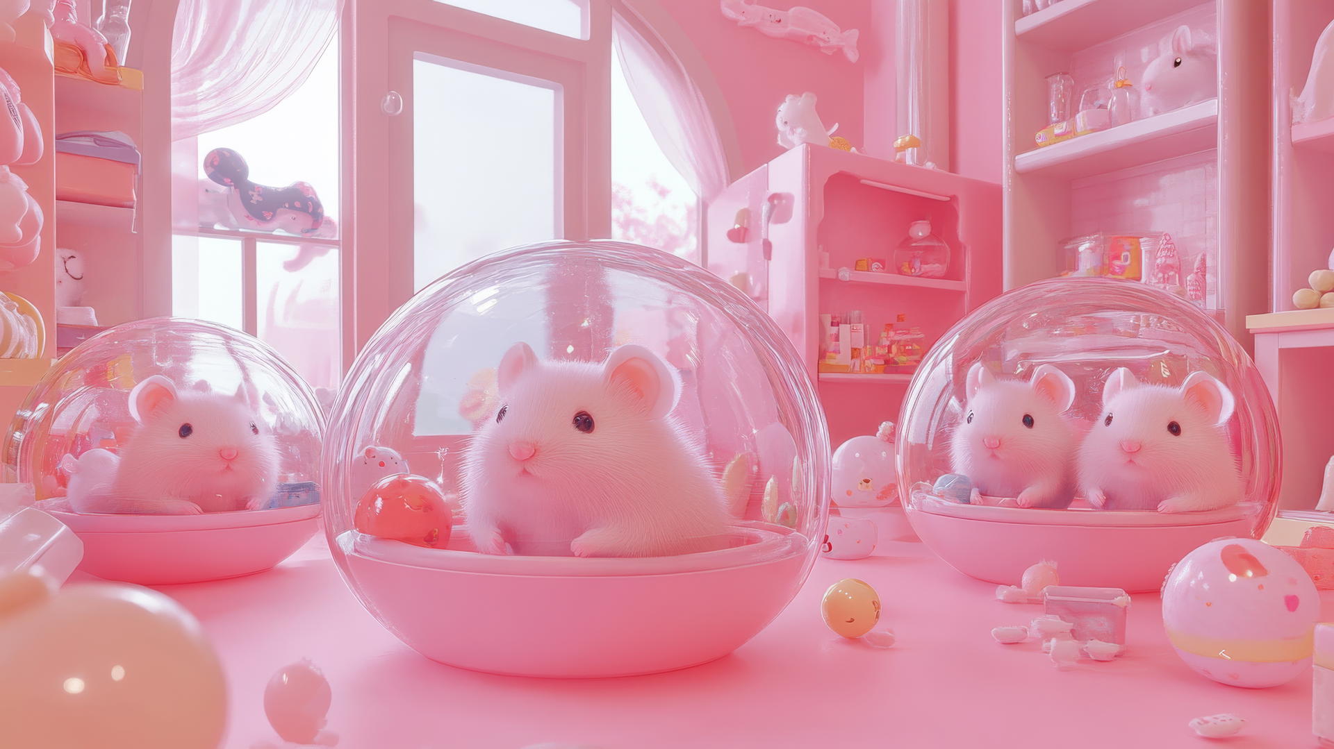 cute pink wallpaper with hamsters in transparent balls in a pastel pink playroom