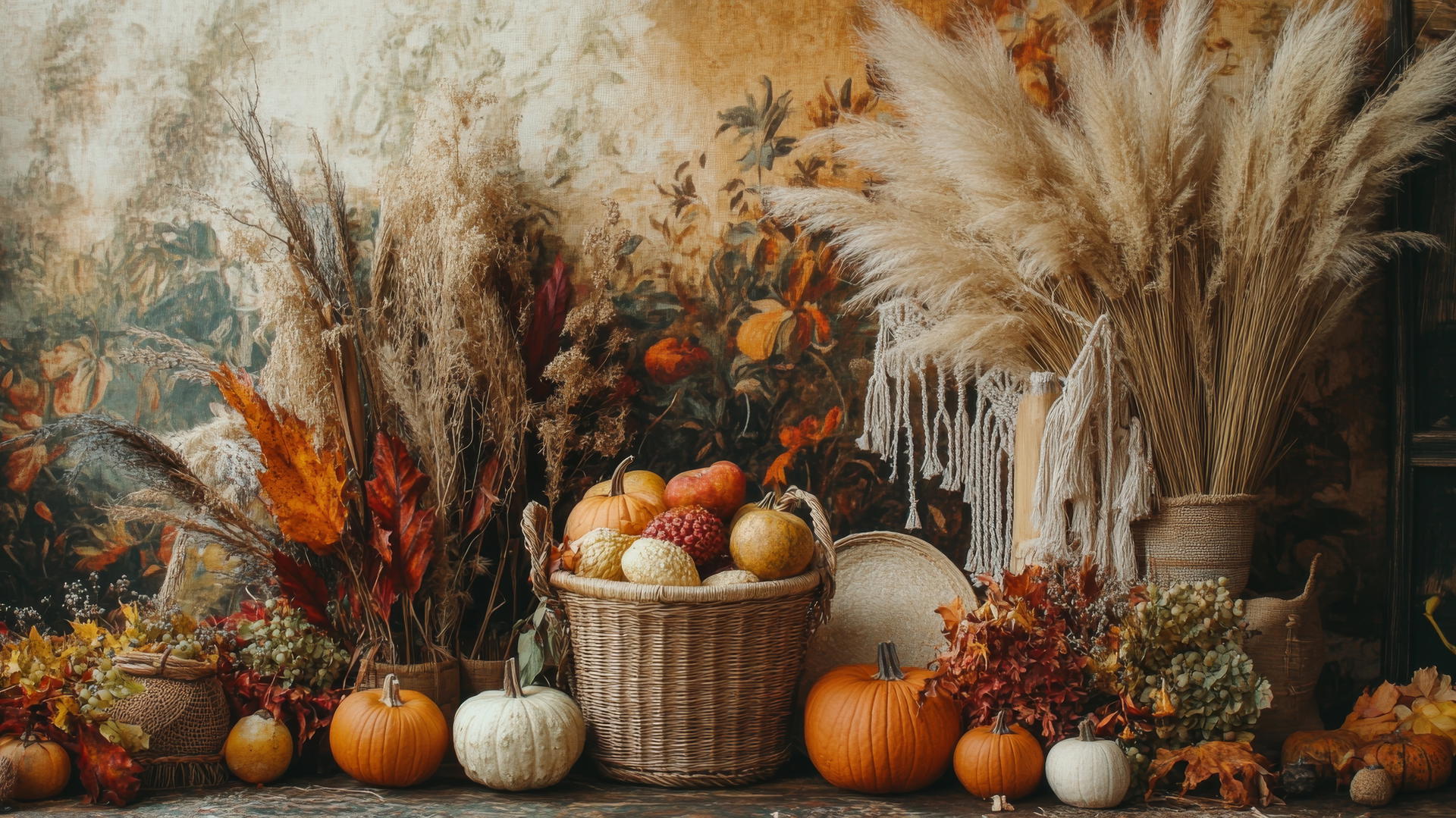Thanksgiving wallpaper aesthetic with macramé, pampas grass, woven baskets, and autumn fruits