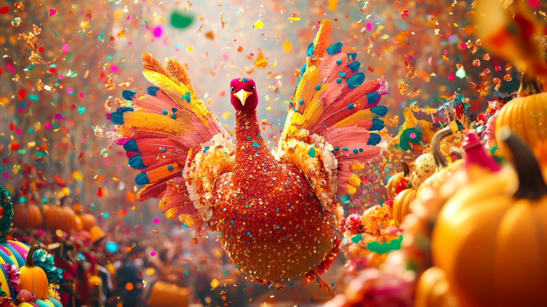 A vibrant and cheerful happy thanksgiving wallpaper featuring turkey parade with colorful floats, pumpkins, corn, marching bands, and confetti.