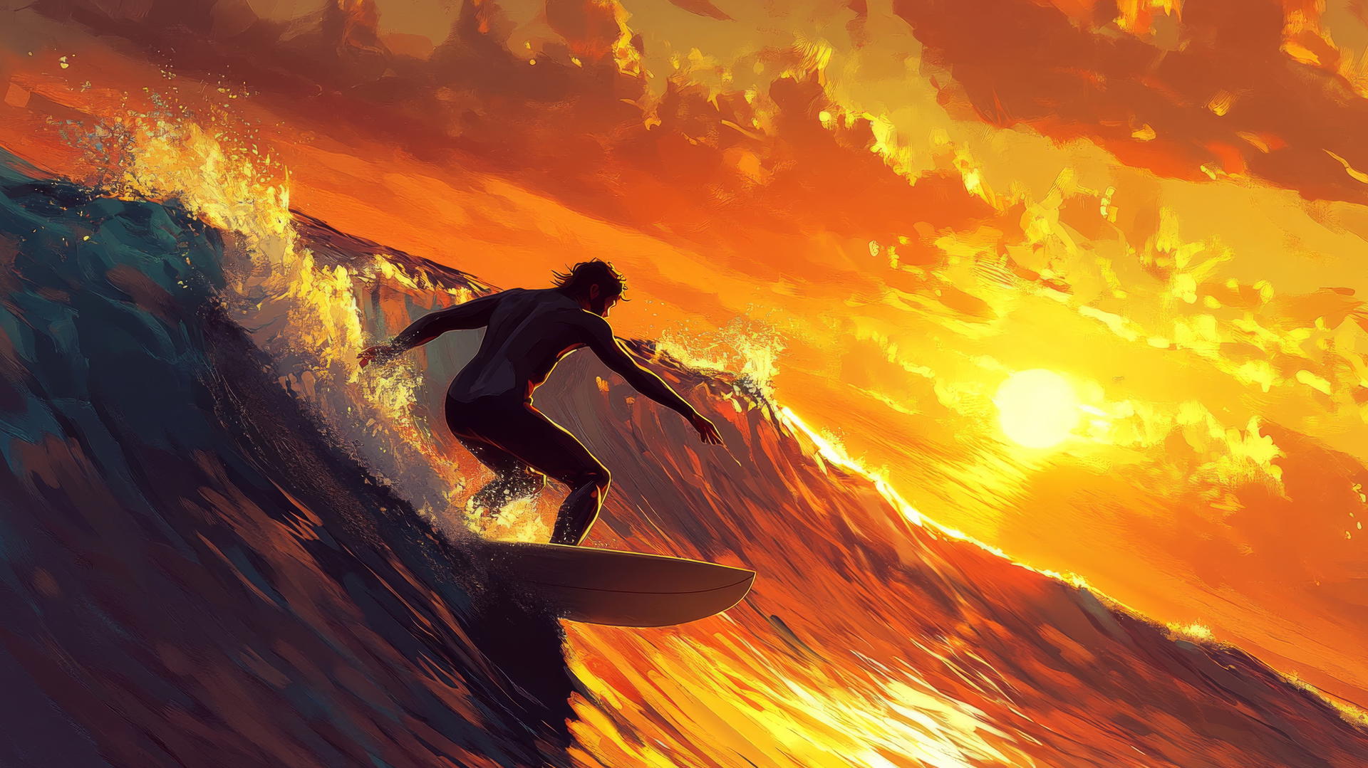 summer background wallpaper of a surfer catching a wave at sunrise with golden sun