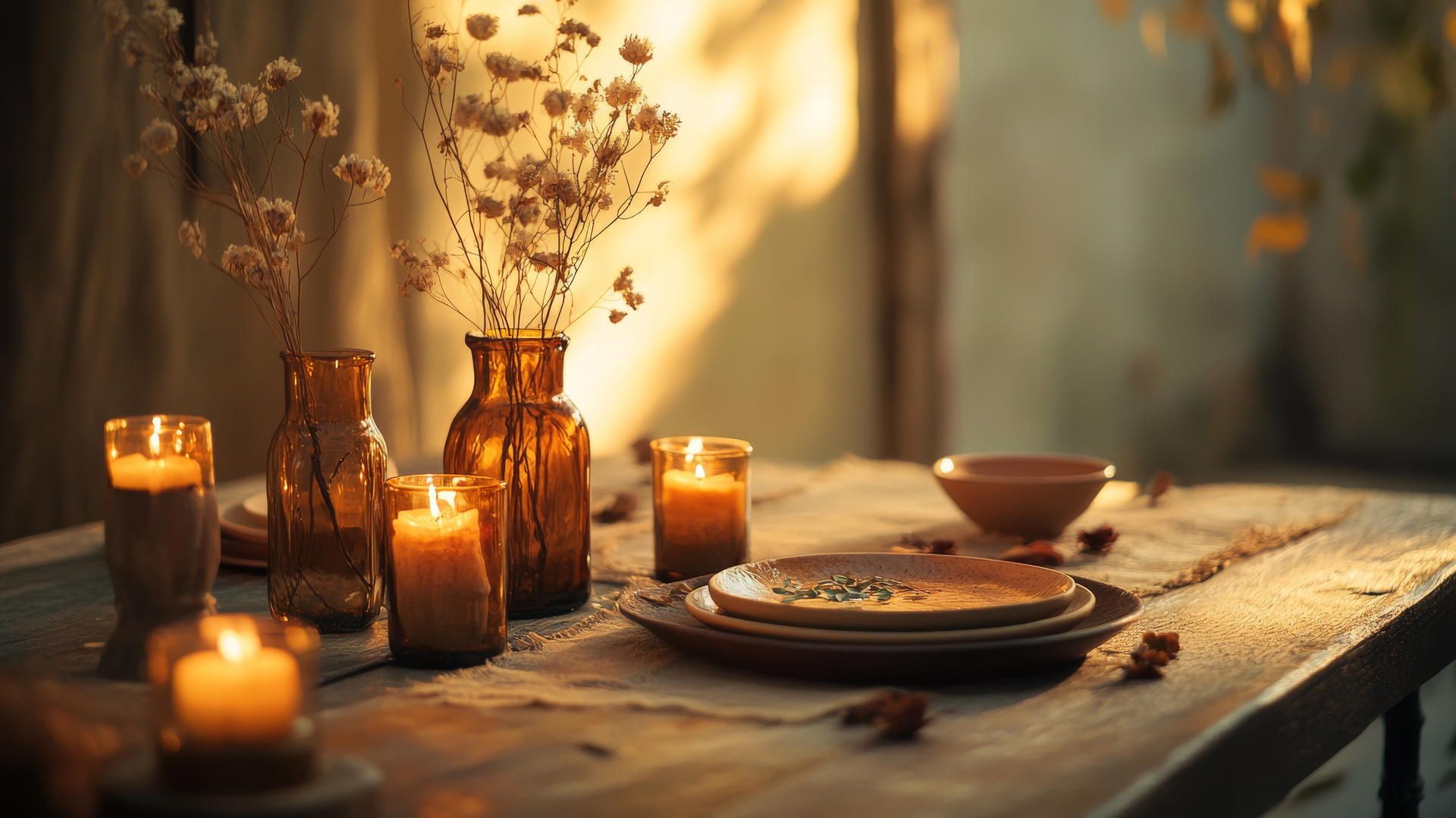 thanksgiving wallpaper aesthetic with rustic table setting and warm golden-hour light