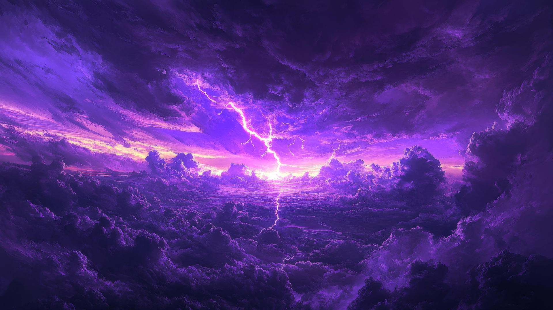 wallpaper purple 4k with purple storm clouds, lightning, and a glowing horizon