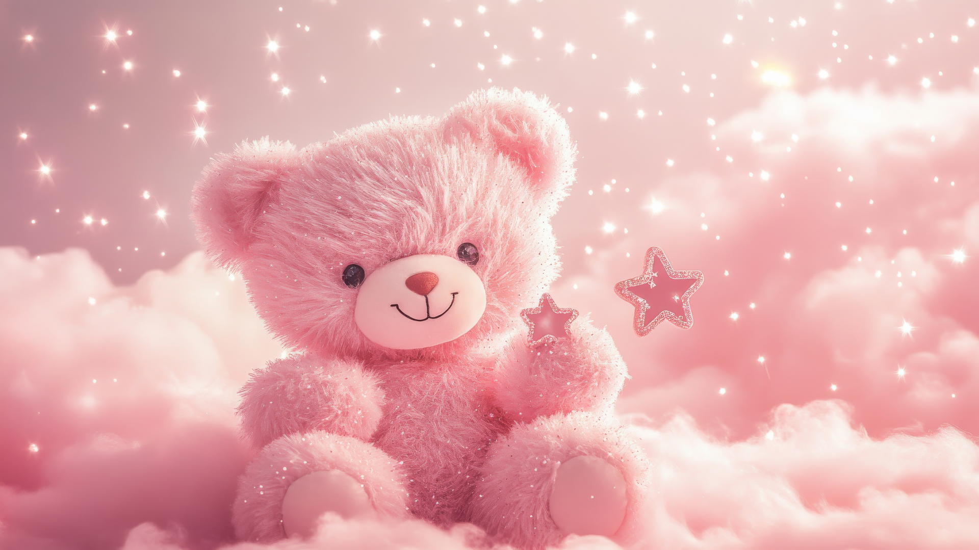 cute pink wallpaper with a kawaii bear holding a tiny star on a fluffy cloud